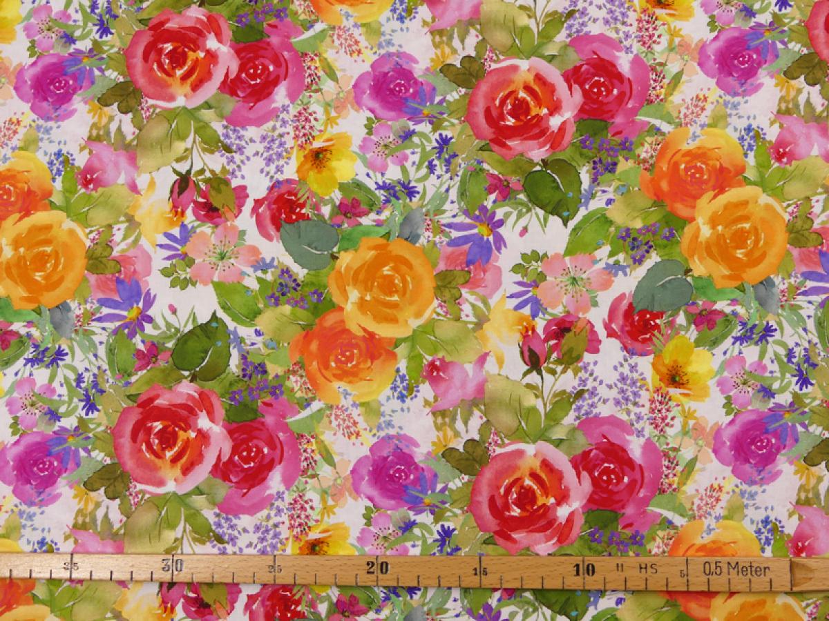 Patchworkstoff Clothworks Flowershop Rosen rot orange bunt mit Maß